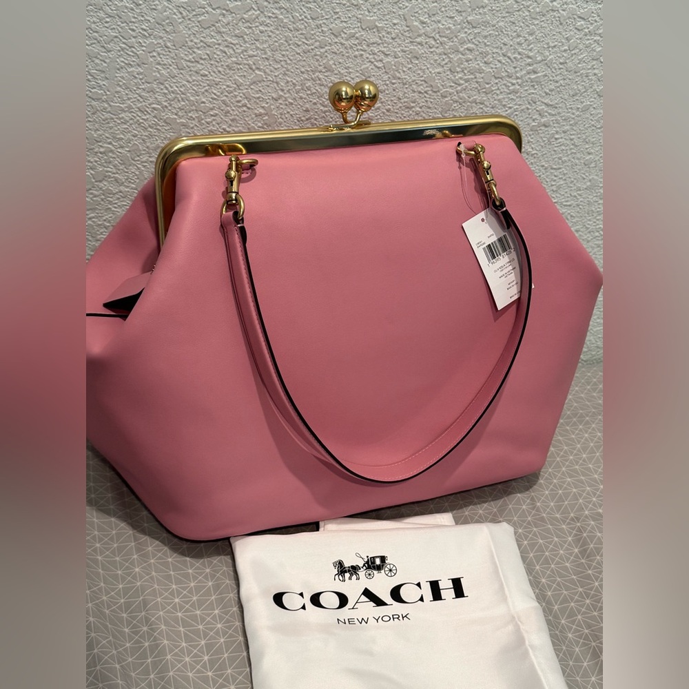 Coach Large Kisslock Frame Bag in Brass/Rose Pink Glovetanned Leather NWT
